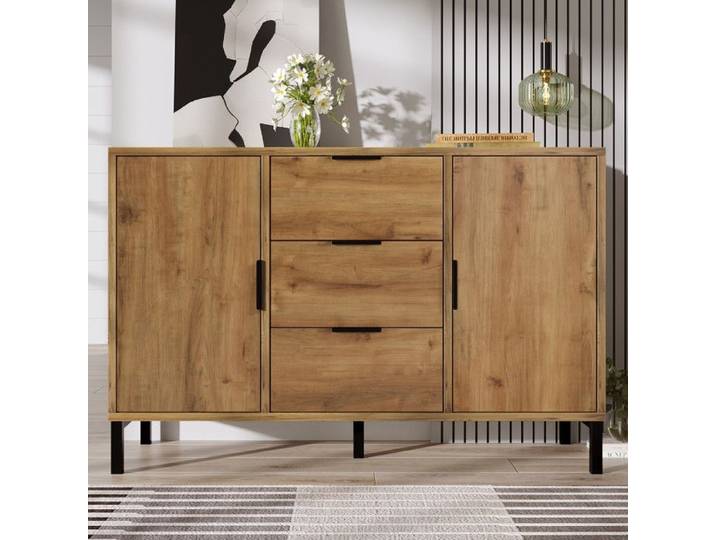 URBAN MEUBLE Buffet effet bois chêne foncé style industriel 2 portes 3 tiroirs 120x40x76cm