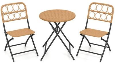 Costway 3 Piece Patio Bistro Set Folding Round Table and Chairs with Wicker Seat