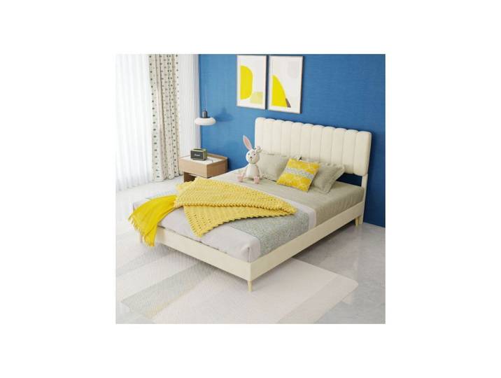 Lit rembourré - SOGEU - Lit Rembourré 140x200 - Velours beige - Structure bois & métal - Tête de lit capitonnée