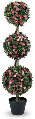 "Costway 43.5"" Artificial Triple Ball Rose Topiary Tree with Lifelike Blooms and Green Leaves"