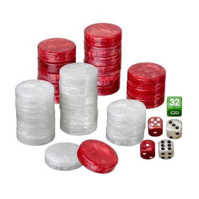 Spielsteine, Backgammon, medium, 28 x 8 mm, Kunststoff, rot weiß, inkl. Würfel