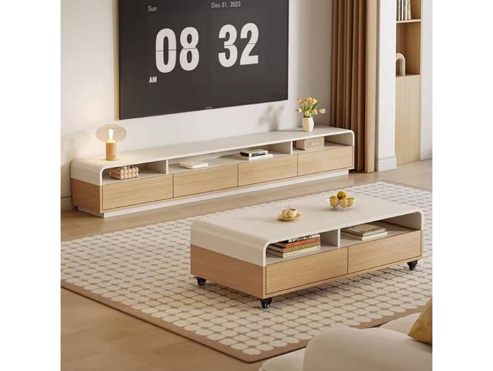 Meuble TV moderne crème pour salon, style luxe léger, avec rangement, table basse mobile, support TV et supports pour moniteurs, mobilier de maison