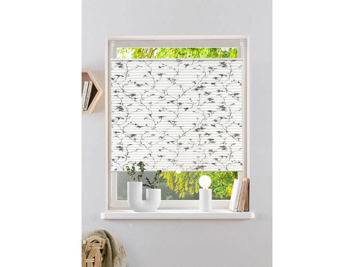 Plissee GOODPRODUCT MINNA Gr. 6, grau (weiß), B:80cm H:130cm, Obermaterial: 100% Polyester, Plissees, Plissee, Fixmass mit Floralem Print, für Fenster & Tür - sehr beliebt