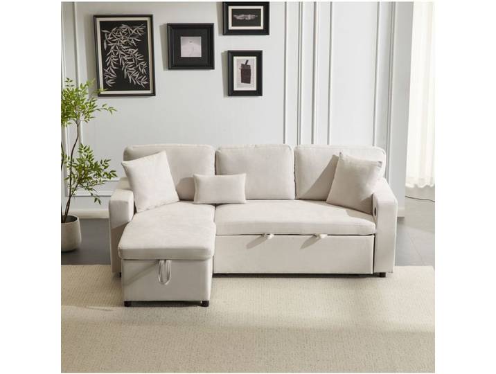 Canapé d'angle convertible avec méridienne réversible rangement flanelle beige - FIMRUT