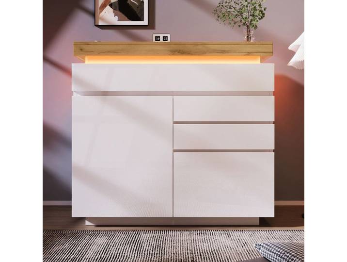 Buffet - Haut Brillant - 3 Tiroirs Silencieux - Éclairage LED - 115x110x39cm