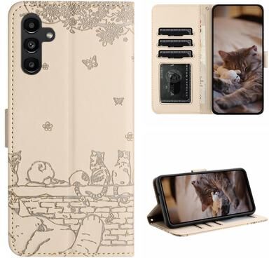 Inspired Deals Cute Cat Embossed Wallet Phone Case For Samsung Galaxy With Card Holder And Lanyard For Samsung Galaxy A24 beige