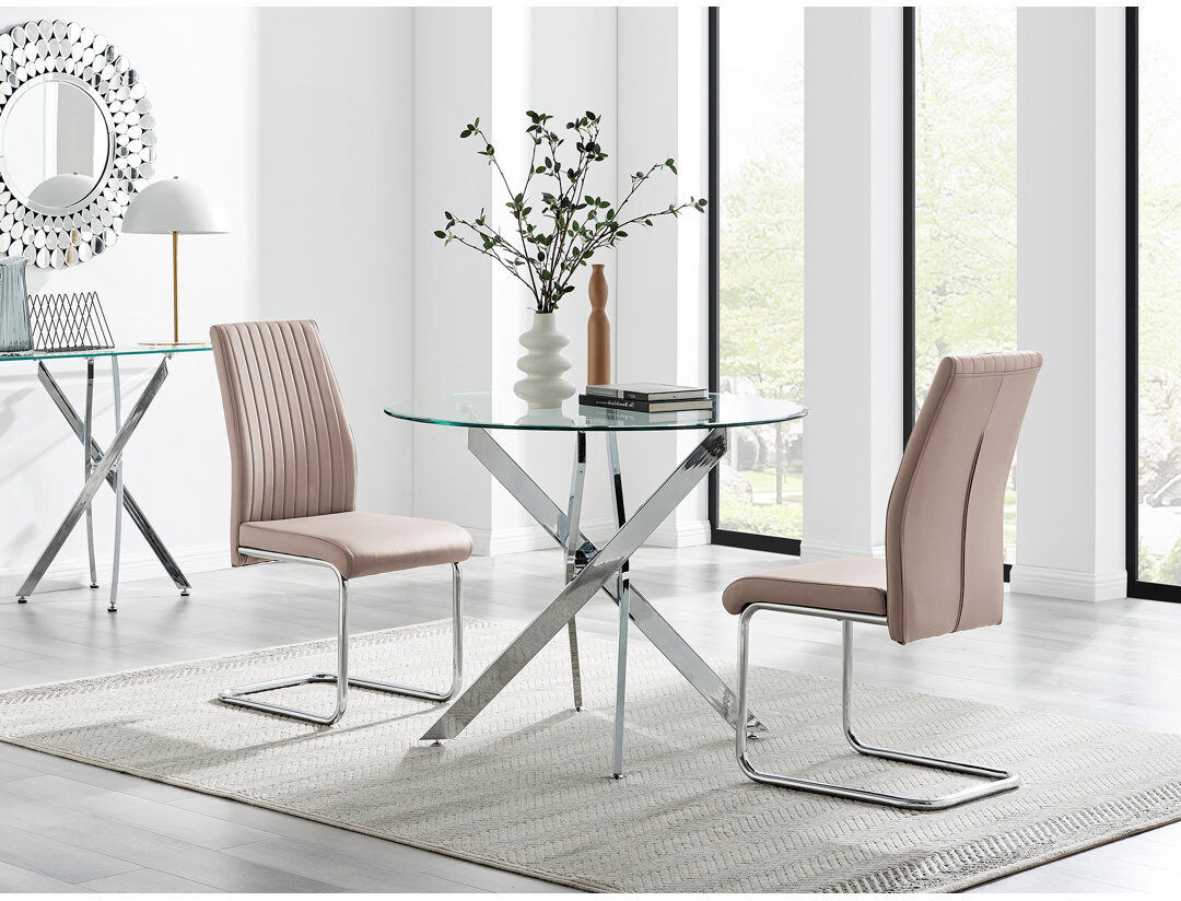 Canora Grey Tierra Modern Chrome Metal & Glass Round Dining Table Set with 2 Upholstered Faux Leather Chairs Cappuccino 2