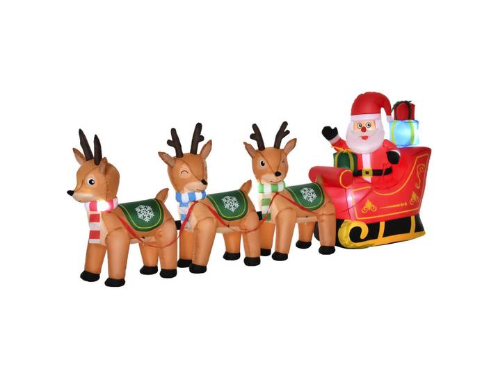 Homcom Aufblasbarer Weihnachtsmann auf Schlitten Dekoration 1,3 m mit Lichtern, Mehrfarbig, Kunststoff, 59x132x319 cm, Dekoration, Weihnachtsdekoration