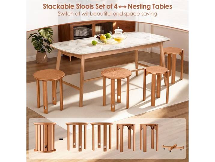 Lot de 4 tabourets empilables en bois - équipés de roulettes 360° souples - adaptés à la cuisine le bar le salon ou étudiante