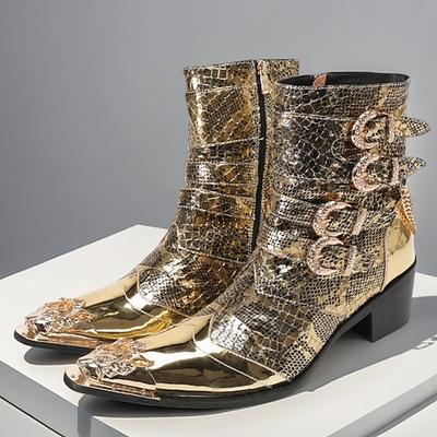 Herrenstiefeletten in Gold mit Krokoprägung – Westernstiefel im Rocker-Stil mit Schnallen für Partys, Konzerte und Nightlife-Mode