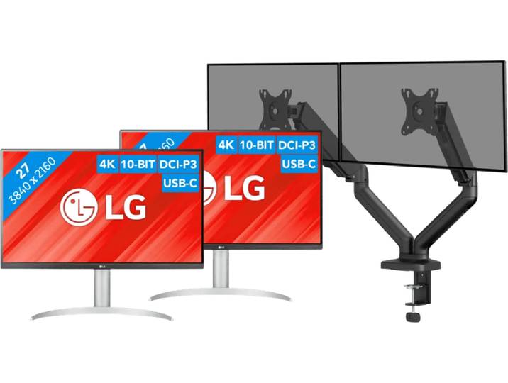 LG 27UP850K-W.AEU Duo Pack + BlueBuilt Monitorarm Mechanische Veer voor 2 Monitoren
