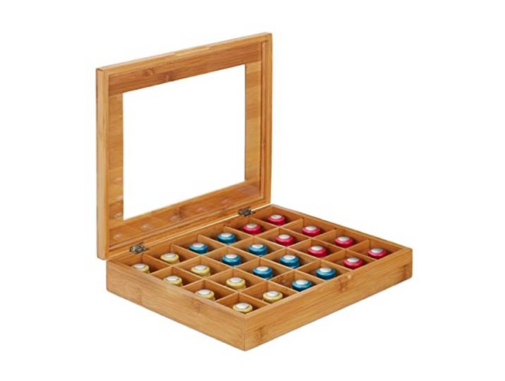 Relaxdays boîte à thé en Bambou\, 24 Compartiments\, Rabattable\, Rangement Capsules\, Petite vitre\, café\, Naturel