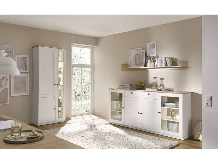 Wohnwand GOODPRODUCT Brest, Anbauwand im Landhausstil, Komplettset, Wohnzimmer-Set , weiss (weiß matt, eiche geölt dekor), Holzwerkstoff, Kastenmöbel-Sets, Wohnwand, enthält Vitrine, Sideboard + Wandboard