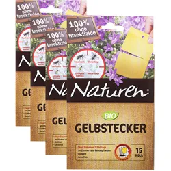 Gelbstecker für Zimmerpflanzen Fliegenfalle Gelbsticker Gelbtafeln Trauermücken Bio Leimfalle gießfest, mit Metallstecker, Gelbstecker teilbar, 4x 15 Stück