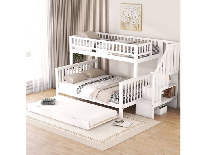 VUENOR Lit superposé 140x200 cm blanc – lit gigogne et escalier de rangement