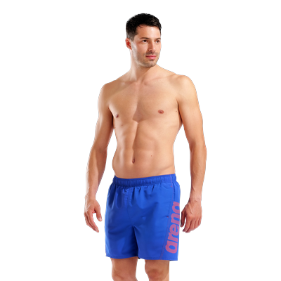 Badeshorts ARENA "FUNDAMENTALS ARENA LOGO BOXER R", Herren, Gr. L, N-Gr, blau (neon blau, team orange), Obermaterial: 100% Polyester, Badehosen Badeshorts