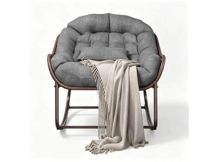 Koioplie Papasan-Schaukelstuhl XXL Rattan Metallgestell Braun/Dunkelgrau Schwingende Konstruktion, Breite Sitzfläche, Holzbasis, Geflochtenes Material