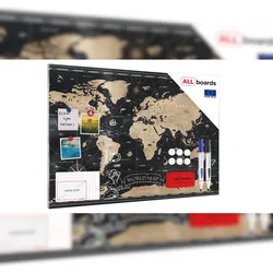 ALLboards Metallische Magnettafel WELTKARTE SCHWARZ 90x60cm MetalBoards Memoboard für jede Art von Magneten Magnetpinnwand + 4 Marker, 10 Magnete