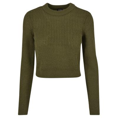 Fleecepullover URBAN CLASSICS "Urban Classics Damen Ladies Short Waffle Sweater", Damen, Gr. 5XL, summerolive, 100% Polyacryl, unifarben, Rundhals, Sweatshirts Fleecepullover