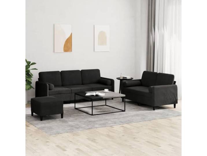 HEFZGDB 3-TLG. Sofagarnitur mit Kissen Schwarz Samt, Weiches Velours Polster für Entspannung und Komfort, Robustes Gestell aus Sperrholz und Metall, Vielseitiger Hocker