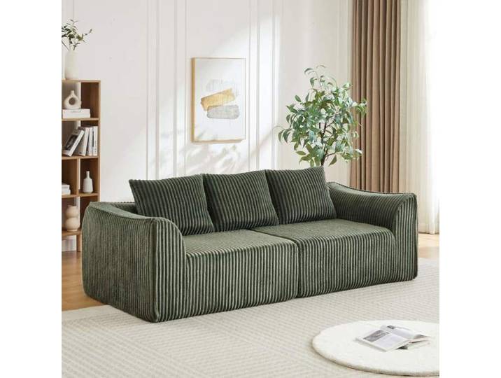 Canapé modulaire en velours côtelé vert avec 2 coussins lignes courbes dossier incliné sans montage