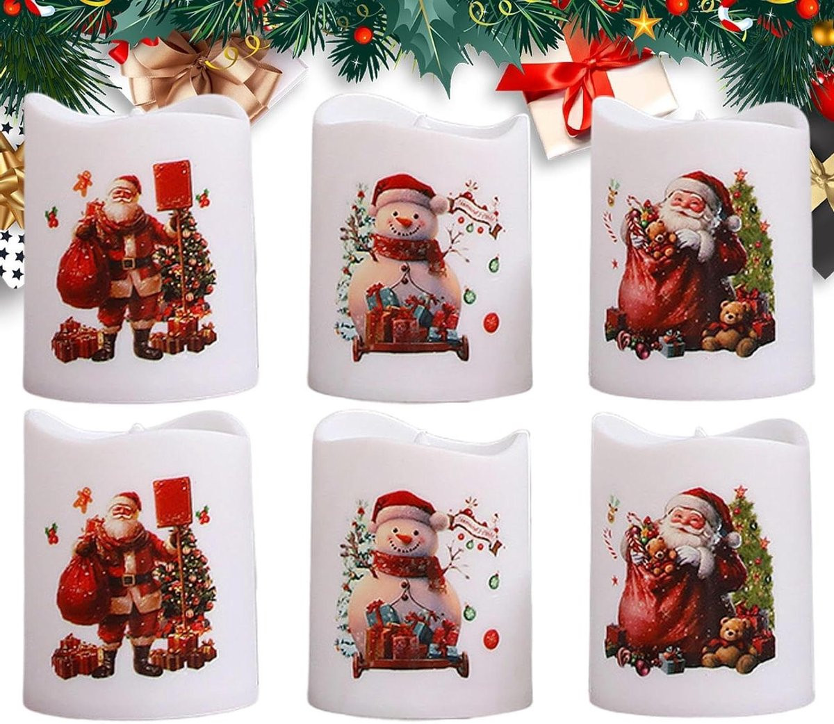 Set van 6 multicolore LED kerstkaarsen met vlamloze decoratie