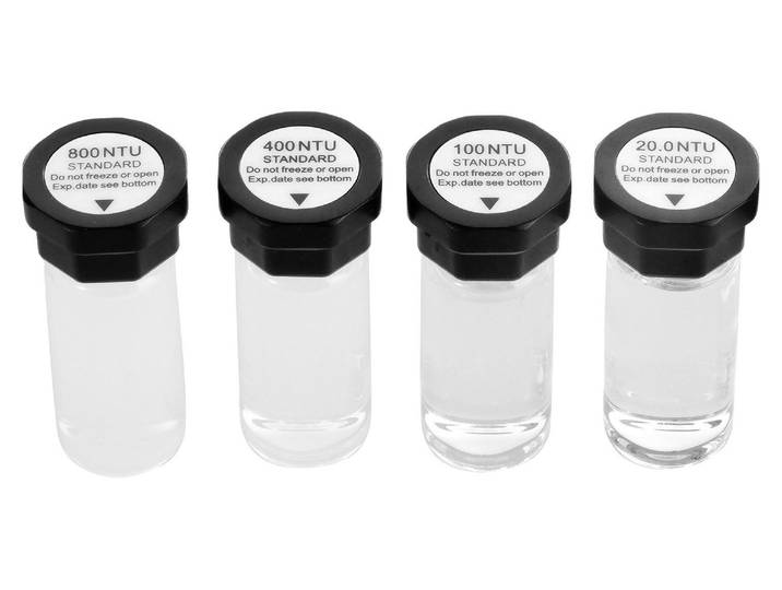 Kit de solution de calibrage de turbidité VEVOR 20/100/400/800 NTU 20 ml chacun\, 4 pièces de recharge de solution de turbidité standard pour le turbidimètre TN1000\, insert de protection antichoc\, design de bouteille scellé