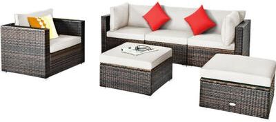 Costway 6 Pcs Patio Rattan Furniture Set with Sectional Cushion-White