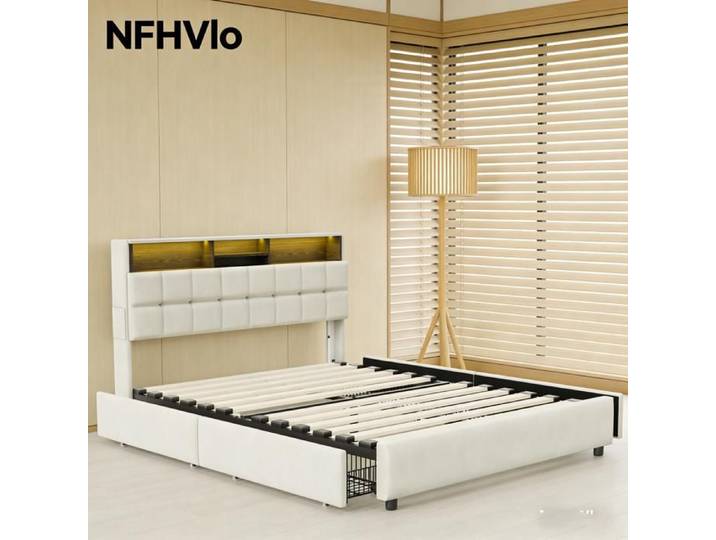 NFHVlo Lit capitonné 160 x 200 cm avec rangement (4 tiroirs) lit double avec éclairage LED (matelas non inclus)