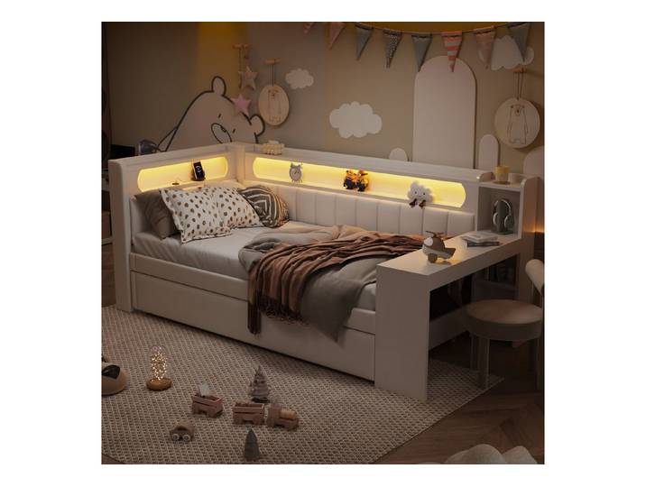 REDOM Kinderbett Tagesbett mit USB-Anschlüssen und LED-Gürtel (Gepolstertes Tagesbett mit USB-Anschlüssen, LED-Beleuchtung & Ausziehbett., 1-tlg., 90x200), mit Ausziehbett