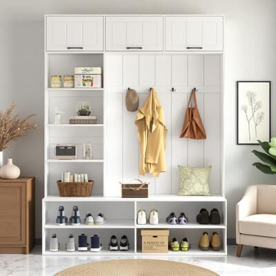 ZWYO HOSIMU "76.9""H 5-in-1 Farmhouse Hall Tree with 4 Hooks, Bench and Shoe Storage for Hallway, Entryway, Living Room"