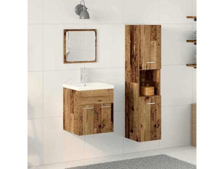 pokgdf Badezimmermoebel-Set 4 STK. Holzwerkstoff mit Spiegel und Regal Wandmontiert, flaechenbuendige Tueren, Metallgriffe, einfache Reinigung, vielseitig einsetzbar