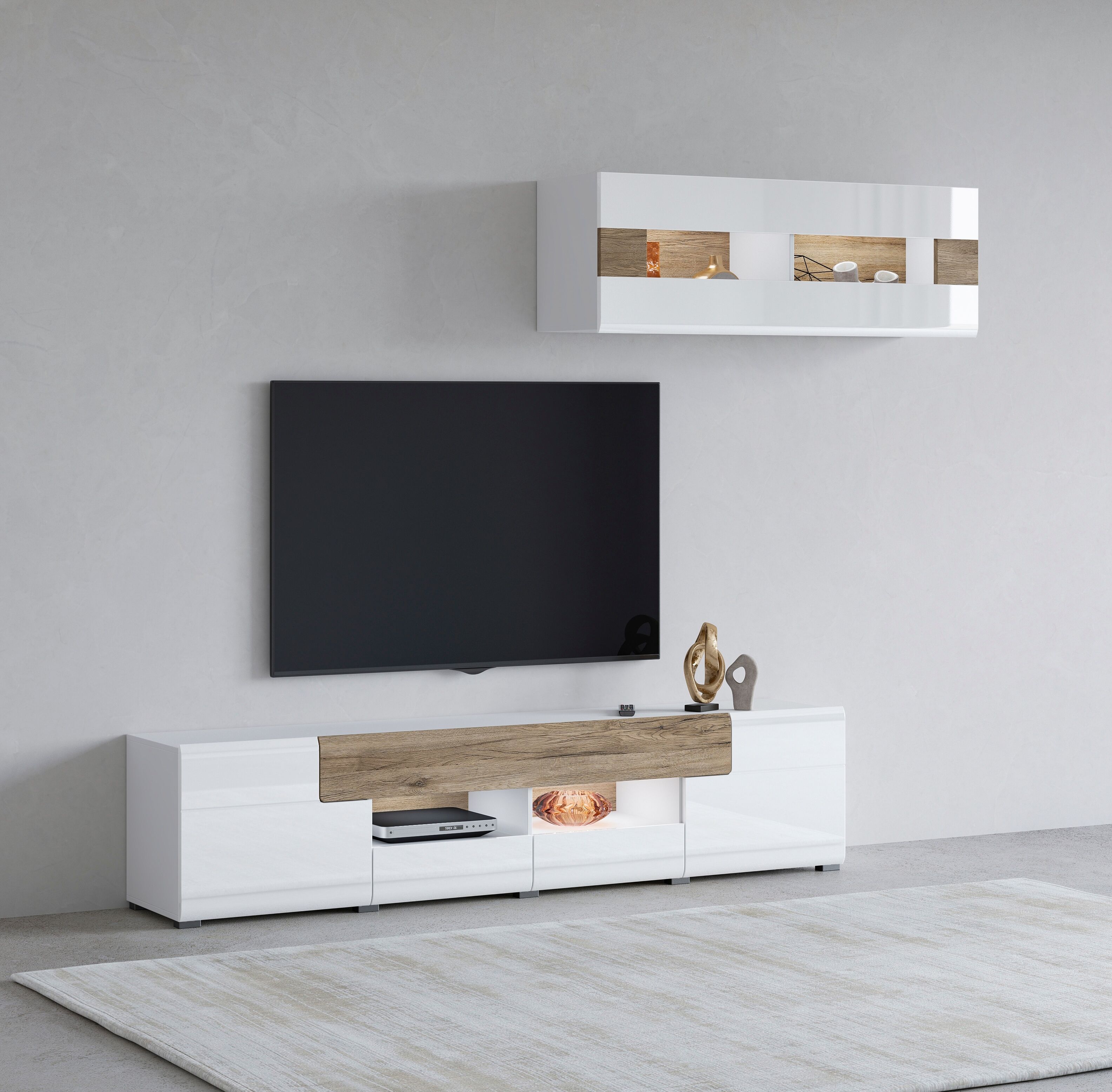 Wohnwand GOODPRODUCT "Toledo", weiss (weiß, weiß hgl, sanremo), B:209cm, Kastenmöbel-Sets, Wohnwand weiß, weiß hgl, sanremo B/H/T: 209cmcm