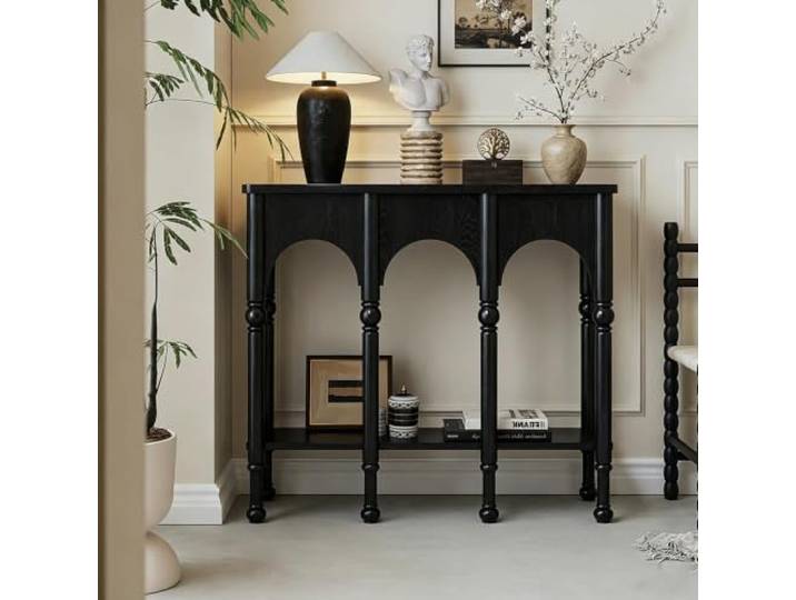 Massivholz‑Eingangstisch, Konsolenschrank im französischen Retro‑Stil Massivholzverarbeitung, geruchsarme E1‑Oberfläche, keine Montage nötig(Black,100cm/39.4 )