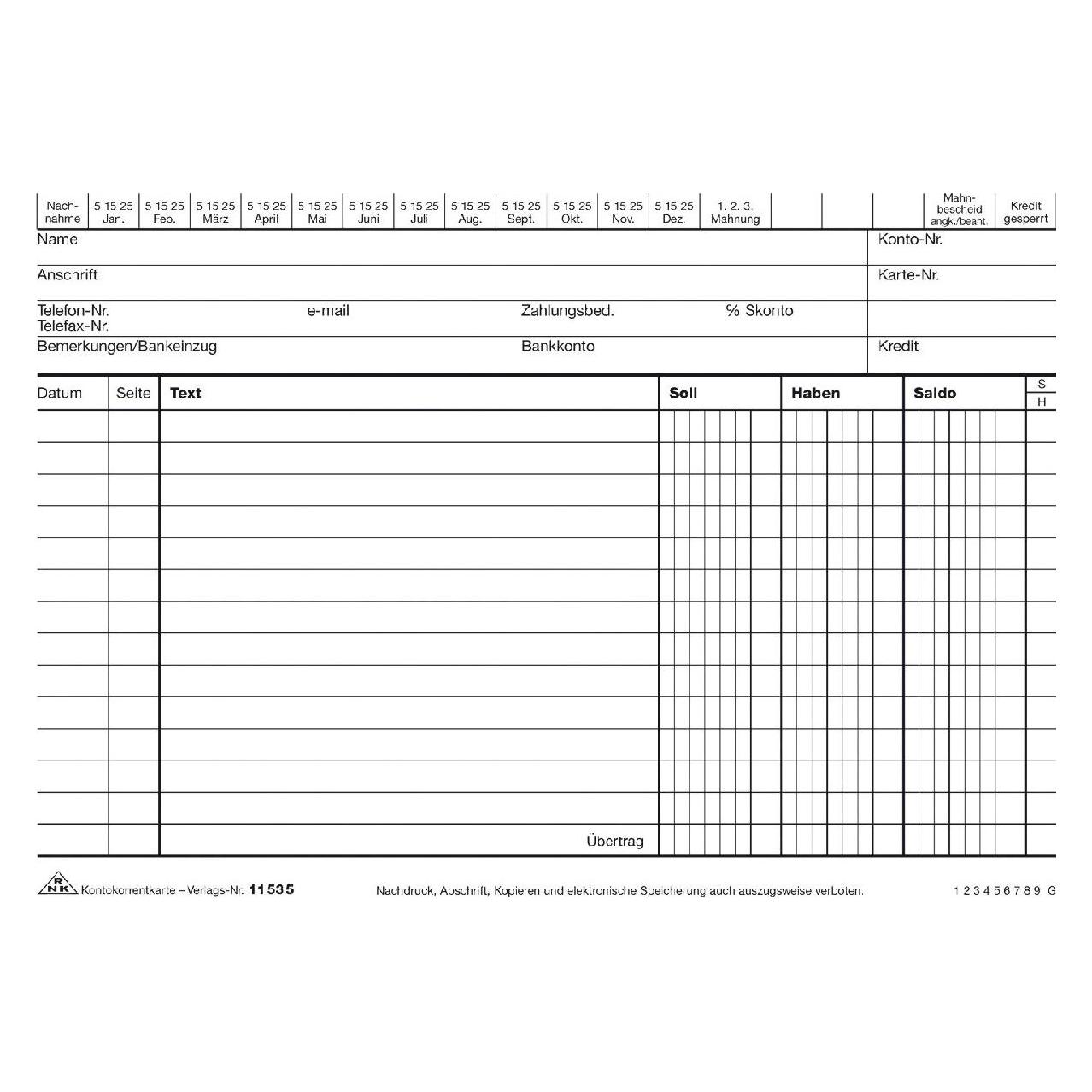 Rnk Verlag Kontokorrentkarte, DIN A5 quer, weiá (DIN A5 quer, 170 g/m²) (115350)