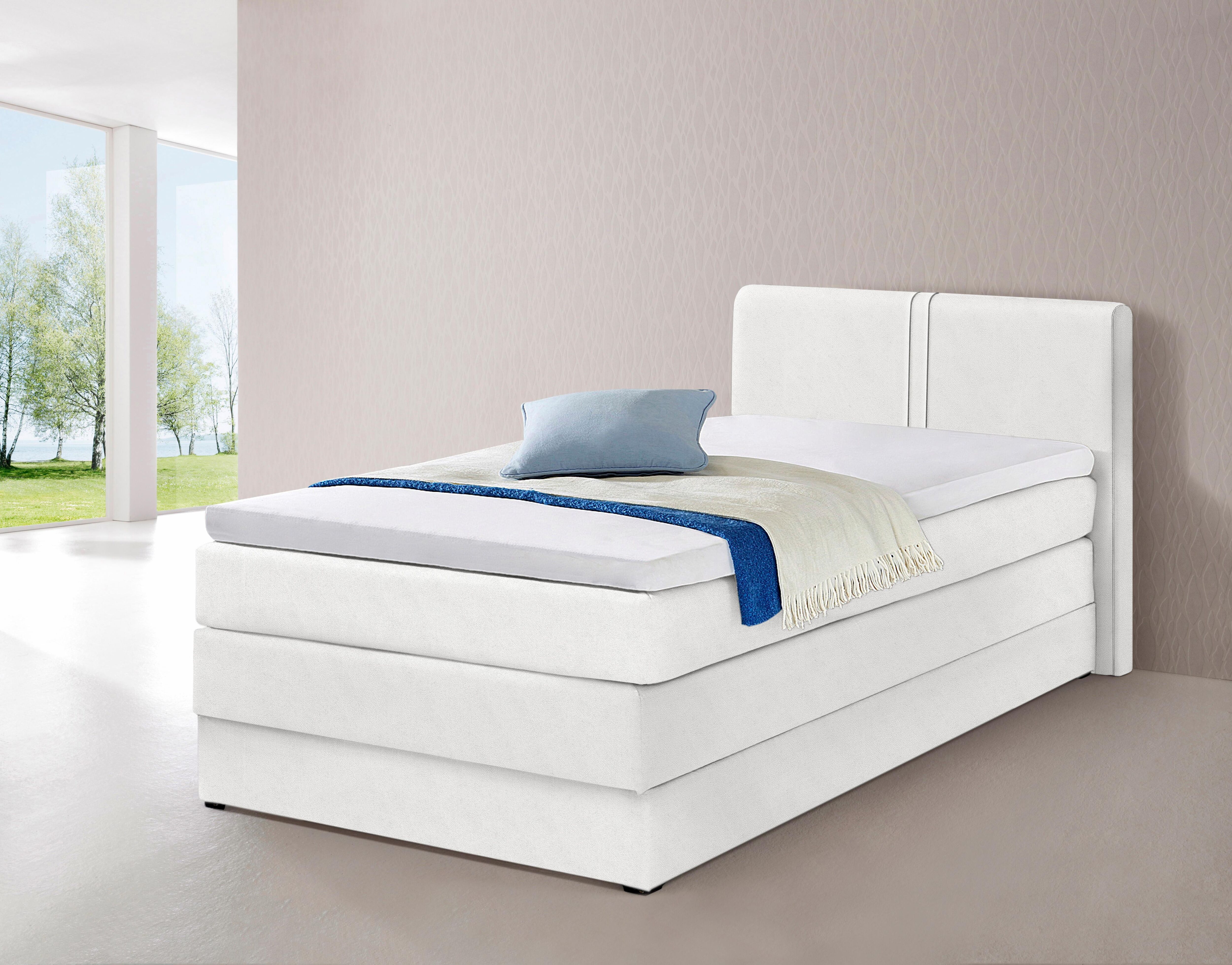 Boxspringbett HAPO, weiss (weiß, kunstleder), Liegefläche B/L: 100cm x 200cm, kein Härtegrad, Bonnell-Federkernmatratze, Kopfteil, seitliche Unterbox und Obermatratze sind mit pflegeleichtem Feinstrukturstoff in Leinenoptik (100% Polyester) oder Kunstlede