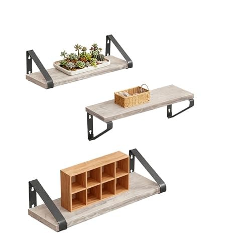 Relaxdays Wandplankset 3-delig in Houtlook en Metaal, Industrieel Design, Beige/Zwart/Bruin