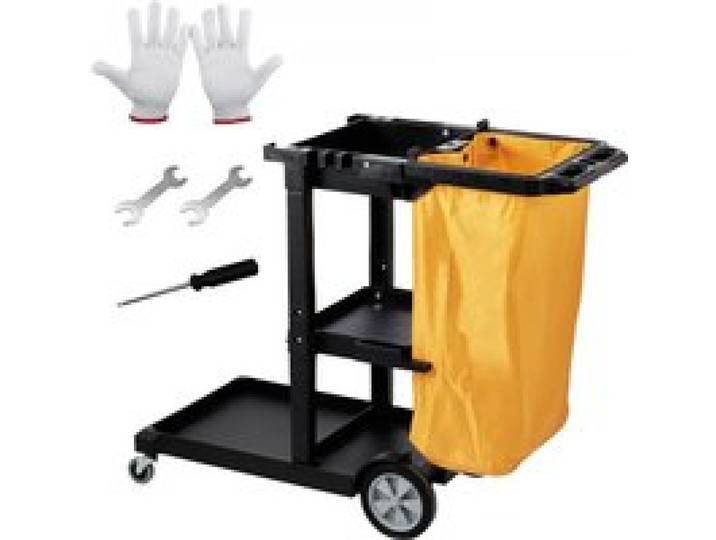 VEVOR Reinigungswagen Putzwagen mit 3 Fächern, Hygienewagen Reinigungswagen 90,7 kg Tragfähigkeit, Schwarz PP Wischwagen Systemwagen inkl. PVC-Müllsack & Handschuhe, geeignet für Büros, Malls, Hotels