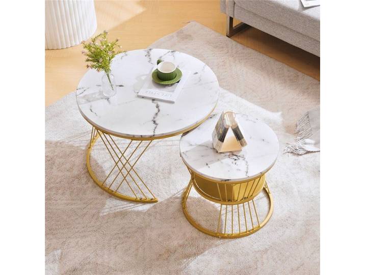 Table Basse Gigogne Ensemble de 2 Blanche Laque Brillant Effet Marbre Table Basse Salon Ronde Moderne avec Étagère Structure Dorée