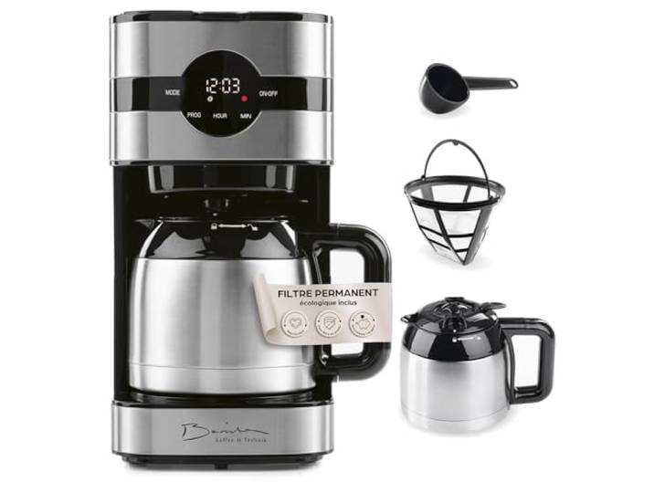 Barista Cafetière filtre avec thermos Minuteur 24h & filtre permanent Pour 8 tasses de café Cafetière pour poudre [Acier inoxydable]