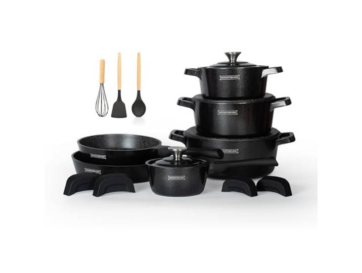 Royalty Line 17-teiliges Kochgeschirr-Set mit Marmor-Antihaftbeschichtung & abnehmbaren Griffen (Schwarz, 17-Teilig)
