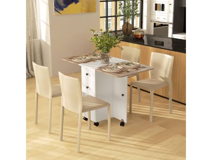 TABLE REPAS - MINIMAL - Table pliante 2 plateaux - 2 tiroirs - 1 placard - Roulettes avec freins