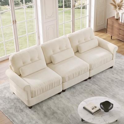 "GDFStudio - Chenille 98"" 3-Seater Modular Couch with Ruffled Skirt, Rolled Arms & Lumbar Pillows"