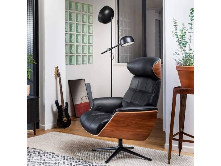 HABITAT - Fauteuil en cuir Savoy, bois plaqué noyer et aluminium noir mat - Noir obsidienne - Marc