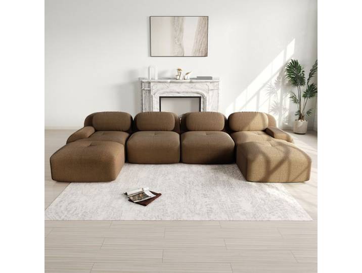 ELVORIN Canapé modulaire d angle sans montage en velours côtelé brun avec mousse 32D et accoudoirs galbés