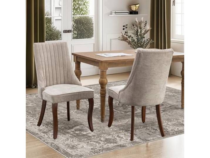 SoarFlash Set aus 2 Esszimmerstühlen, hoher Rücken mit vertikaler Polsterung, abgerundete Vollholzbeine, Elegante Polsterstühle für das Esszimmer, Graubeige