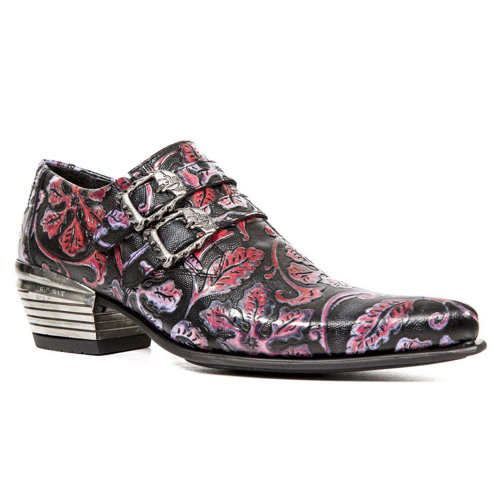 New Rock Vintage rode bloemen lederen gesp schoenen-7960-S6