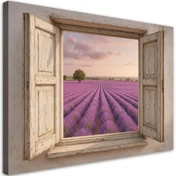 LEINWANDBILD Blick aus dem Fenster Lavendelfeld Shabby Chic 120x80cm