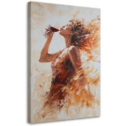 WANDBILD frau mit einem glas rotwein beige