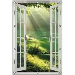 Wallario Gartenposter ca. 80 x 120 cm Fenster-Illusion Sonnenstrahlen im Wald